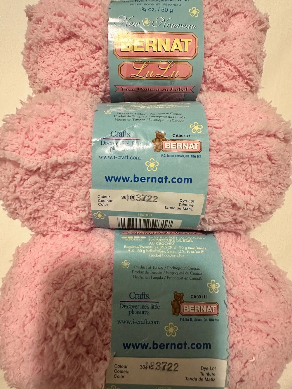 3 Skeins Bernat LuLu Yarn Pow Wow Pink 36417 New Same Dye Lot Vintage